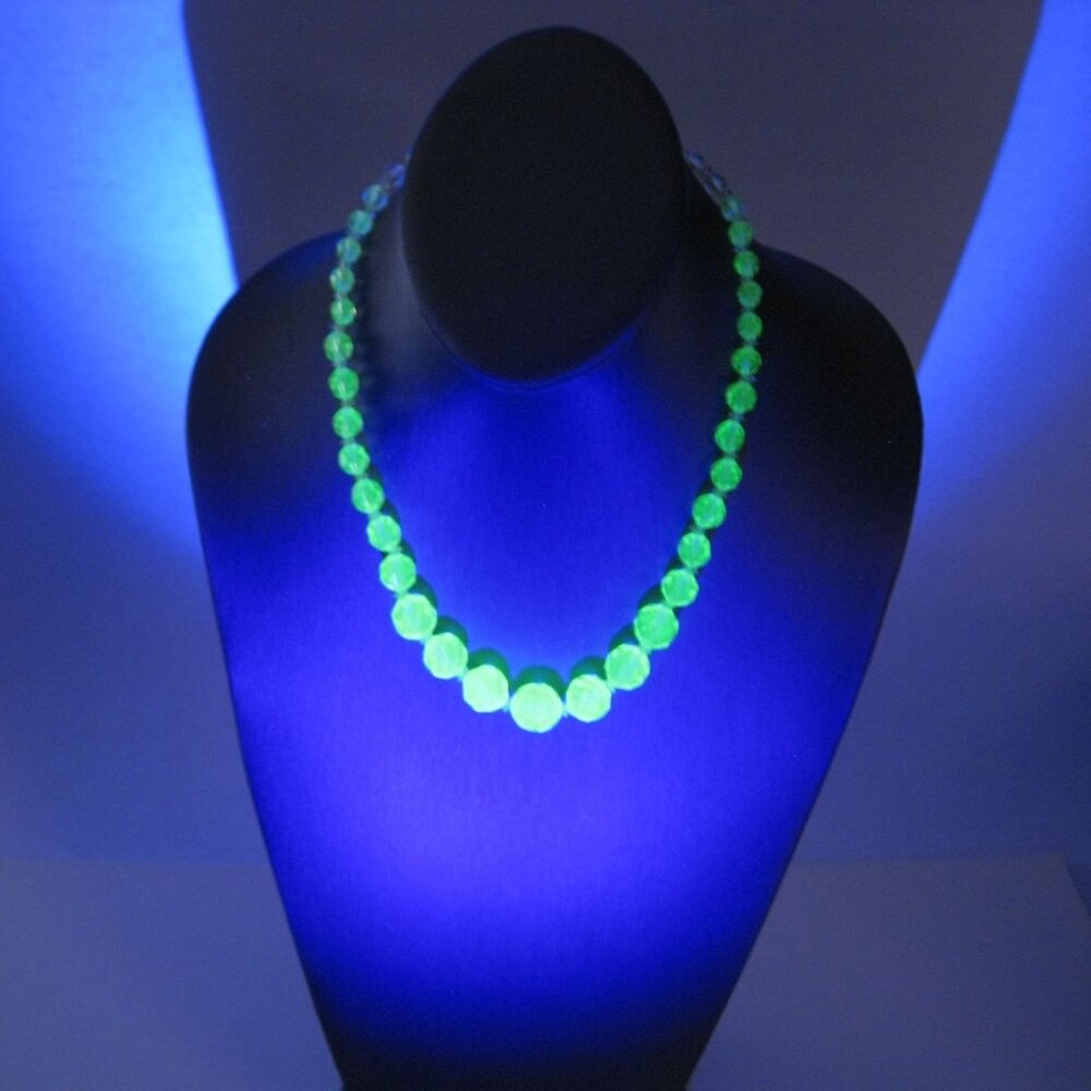 Uranium Glass Beaded Necklace Vintage 1910s Yellow Faceted 19 inch